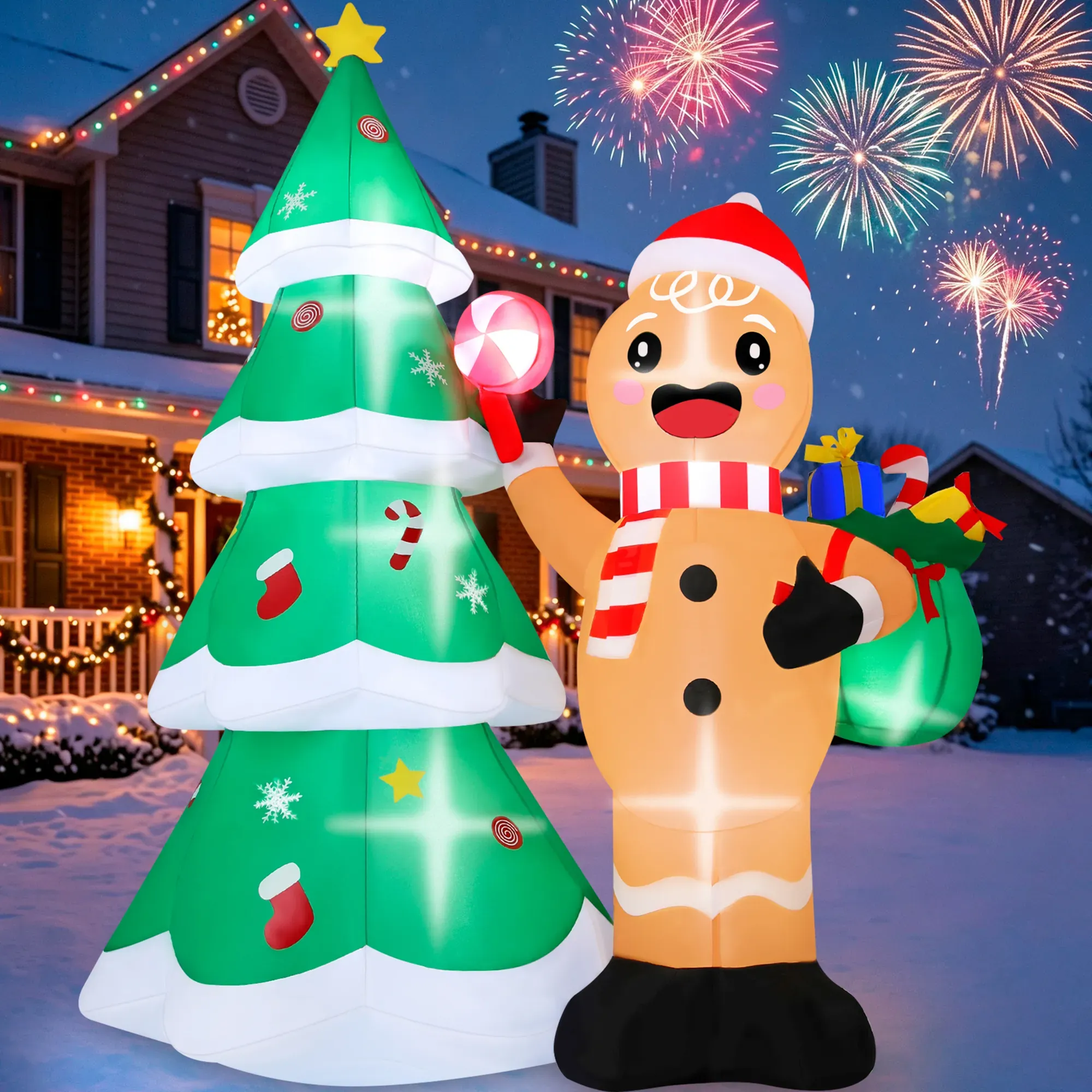 6.3 ft Inflatable Gingerbread Man and Christmas Tree Scene with LED Lights